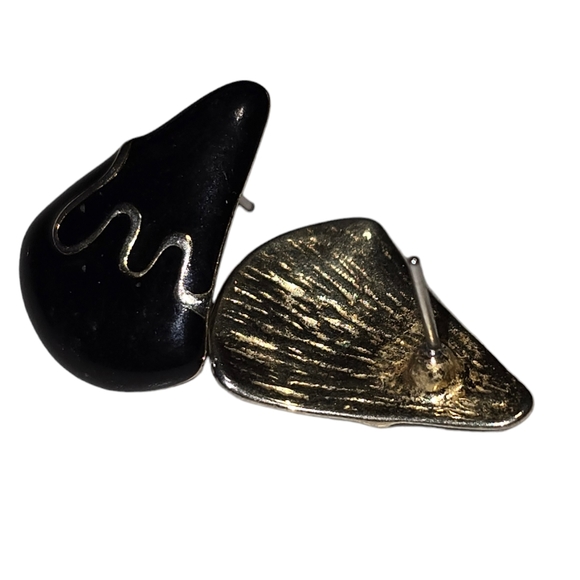 Vintage Triangle Squiggly Gold Tone Black Enamel Earrings19 - Picture 2 of 2
